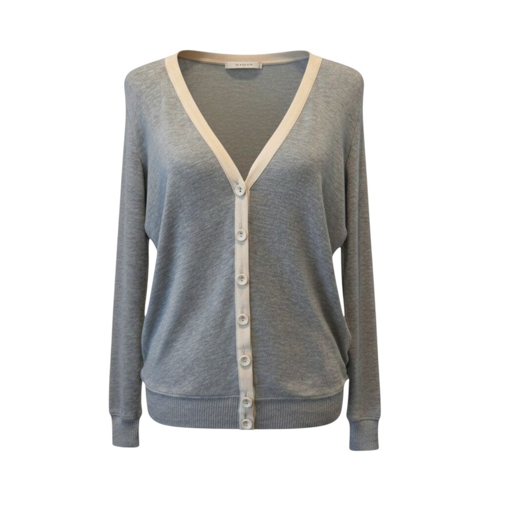 Bella Luxx Cardigan Silk Mixed Media V-Neck Relaxed Gray Beige Minimalist XS